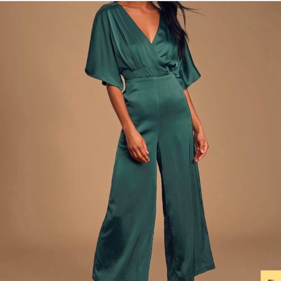 Lulus Pants - Lulu's Kiss Me Now Satin Short Sleeve Wide-Leg Jumpsuit Green Sz Small